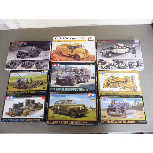 181 - 1/48 scale model kits: to include by Hasegawa, a Jeep Willys MB; and a German 20mm Flakvierling 38 b... 