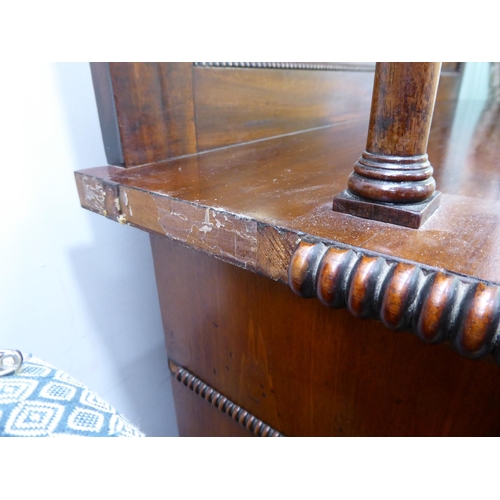 183 - A William IV mahogany chiffonier with a raised back, incorporating a shelf over a frieze drawer and ... 