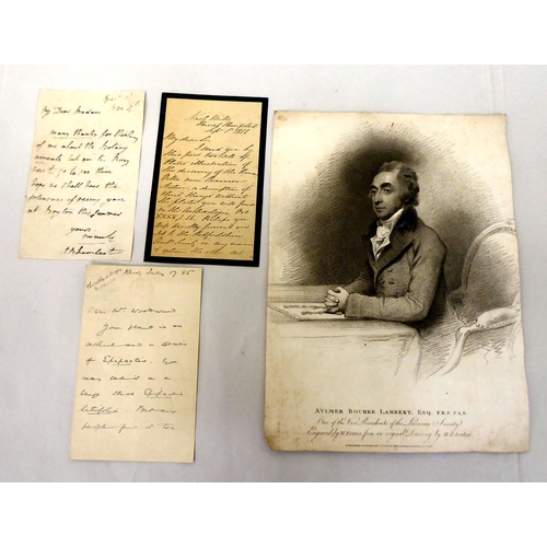 272 - 19thC ephemera: to include a monochrome print of one Aylmer Bourke Lambert Esq; and contemporary han... 