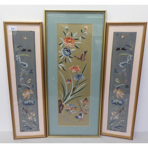 297 - Three dissimilar Chinese fabric embroidered panels  largest 6