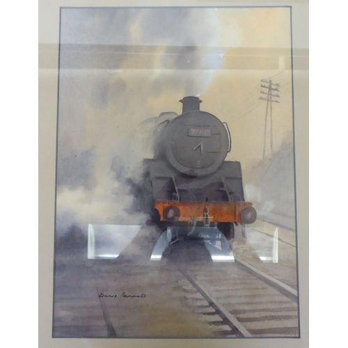 300 - Three dissimilar works by Denis Pannett: to include a locomotive  watercolour  bears a sig... 