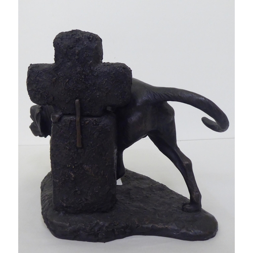 301 - After Mary Lang - a composition bronze effect sculpture, a dog beside a headstone crucifix  Limited ... 