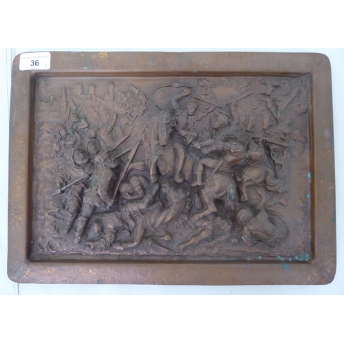 36 - A Continental copper plaque, embossed in high relief with a Medieval battle scene  11