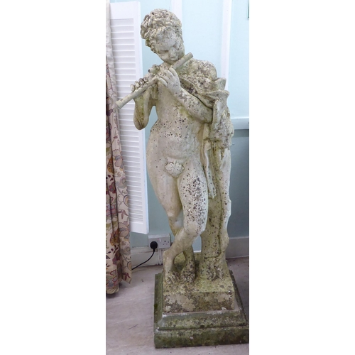 43 - A composition stone classical nude, playing a pipe, standing beside a pillar, on a square plinth&nbs... 