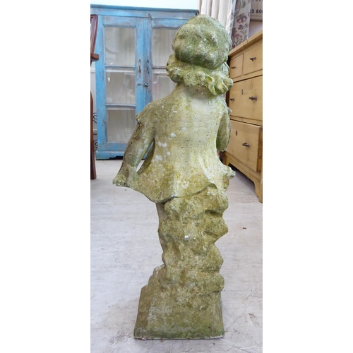 48 - A composition stone terrace ornament, a shy little girl wearing a bonnet and sundress  24