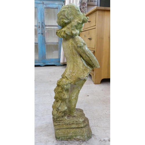 48 - A composition stone terrace ornament, a shy little girl wearing a bonnet and sundress  24