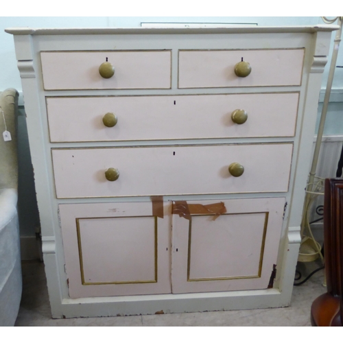 50 - A late Victorian/Edwardian painted pine chest, comprising two short/two long drawers with bun handle... 