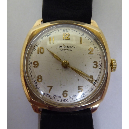 59 - A JW Benson 9ct gold cased wristwatch, faced by an Arabic dial with subsidiary seconds, on a black h... 