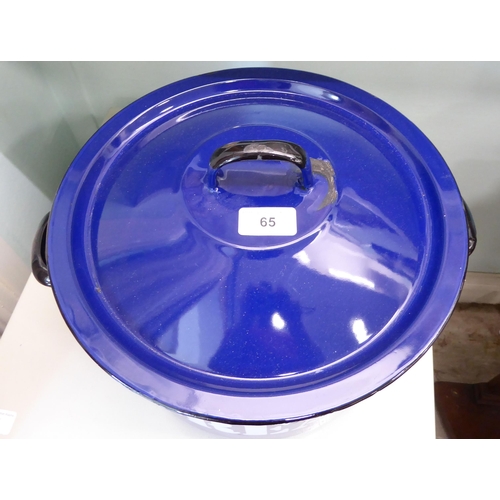 65 - A navy blue and white steel enamel twin handled bread crock with a lid  12