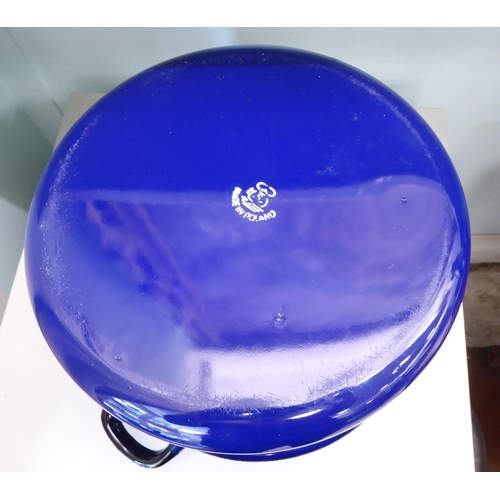 65 - A navy blue and white steel enamel twin handled bread crock with a lid  12