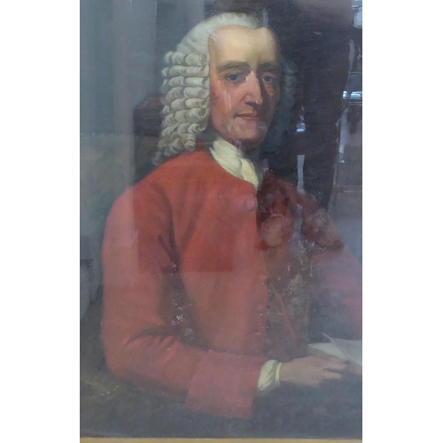 67 - A 19thC half-length portrait of a man wearing a red jacket, reading a book  oil on canvas ... 