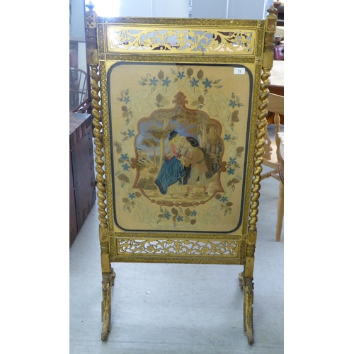 73 - A mid Victorian gilt gesso framed firescreen, set with a tapestry panel, depicting figures, raised o... 