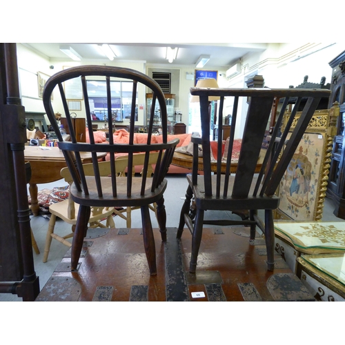 83 - Two similar children's late 19thC elm and ash framed Windsor design chairs, each with a solid seat, ... 