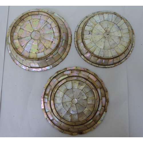 94 - Three similar late 19thC mother-of-pearl dishes  7.5