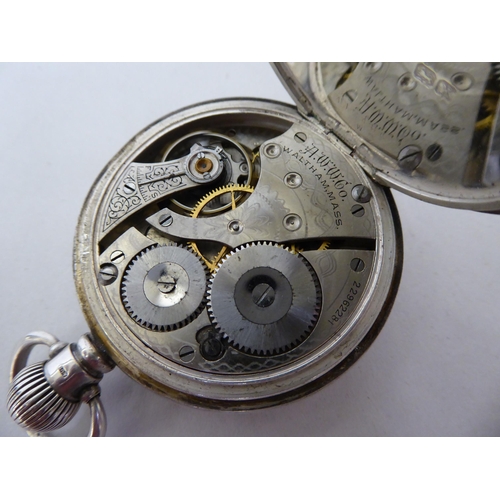 99 - An early 20thC Waltham silver cased pocket watch, the keyless movement faced by a Roman dial, incorp... 