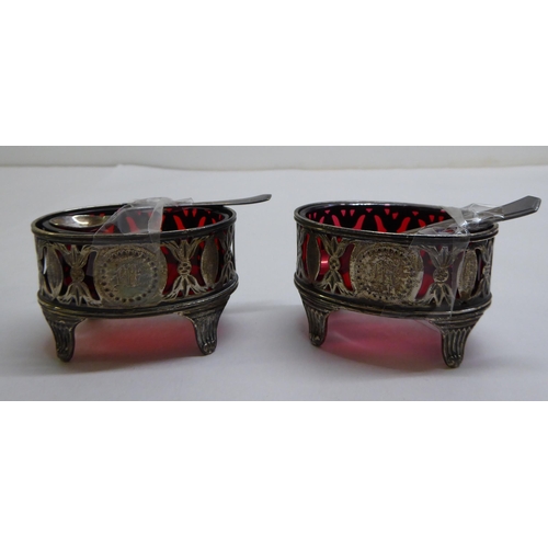 1 - Silver collectables: to include a pair of pierced oval salts with cranberry coloured glass liners&nb... 