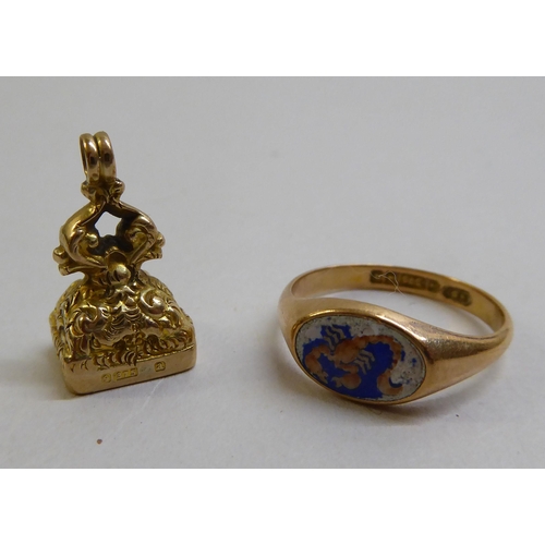 10 - A 9ct gold ring; and a 9ct gold fob seal 