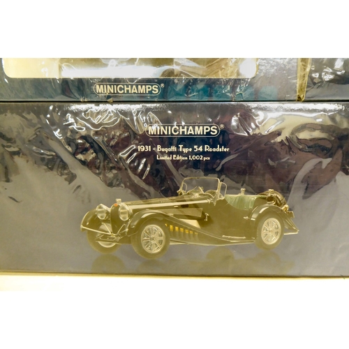 112 - Minichamps Mullin diecast model vehicles: to include a 1931 Bugatti Type 54 Roadster; and a 1937 Del... 