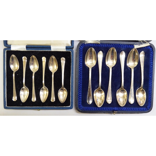 136 - Two sets of six silver teaspoons  mixed marks  cased