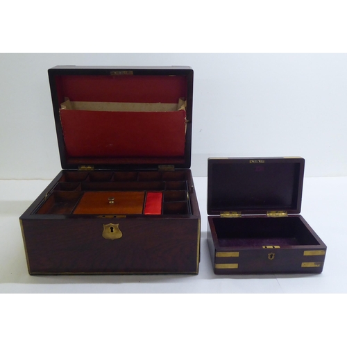 137 - Boxes: to include a late Victorian brass inlaid, rosewood sewing box with a hinged lid, enclosing a ... 