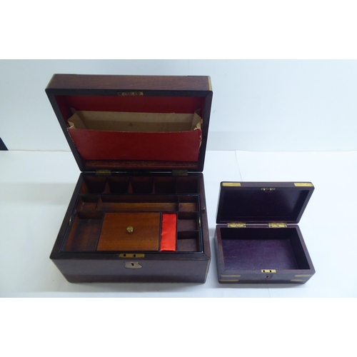 137 - Boxes: to include a late Victorian brass inlaid, rosewood sewing box with a hinged lid, enclosing a ... 