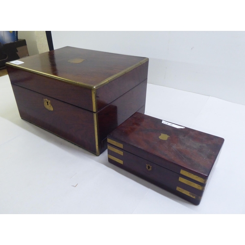 137 - Boxes: to include a late Victorian brass inlaid, rosewood sewing box with a hinged lid, enclosing a ... 