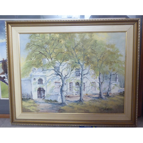 161 - Framed pictures and prints: to include two works by Raetitral - two views of grand houses  oil ... 