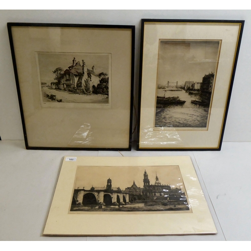 162 - Three early 20thC etchings: to include a view of Dresden  monochrome print  bears a pencil... 