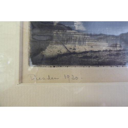 162 - Three early 20thC etchings: to include a view of Dresden  monochrome print  bears a pencil... 