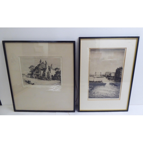 162 - Three early 20thC etchings: to include a view of Dresden  monochrome print  bears a pencil... 