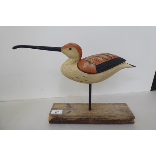 178 - Three carved and painted wooden birds, on stands  largest 11