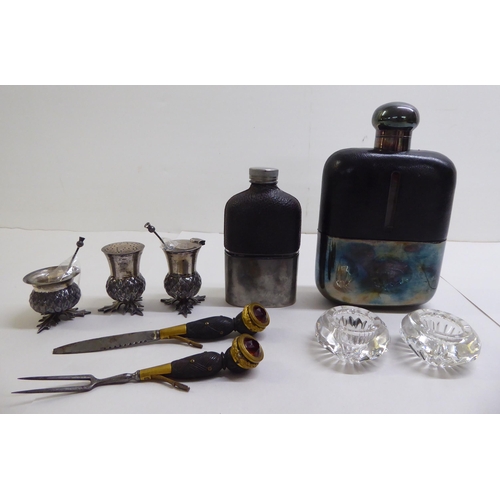 2 - Silver and white metal collectables: to include a glass, metal and hide clad hipflask  8