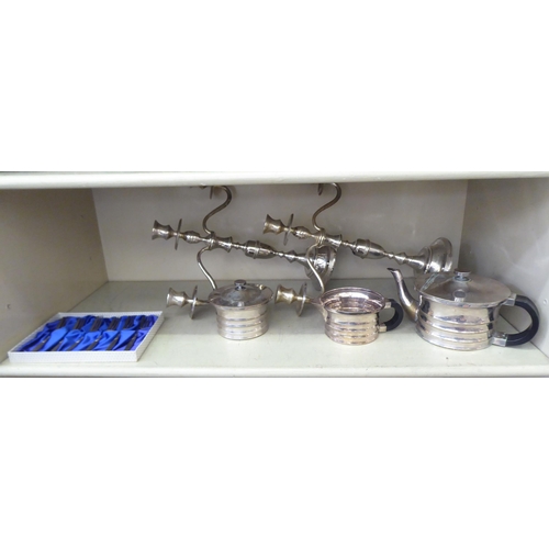 222 - Silver plated items: to include a pair of three branch candelabra  15.5