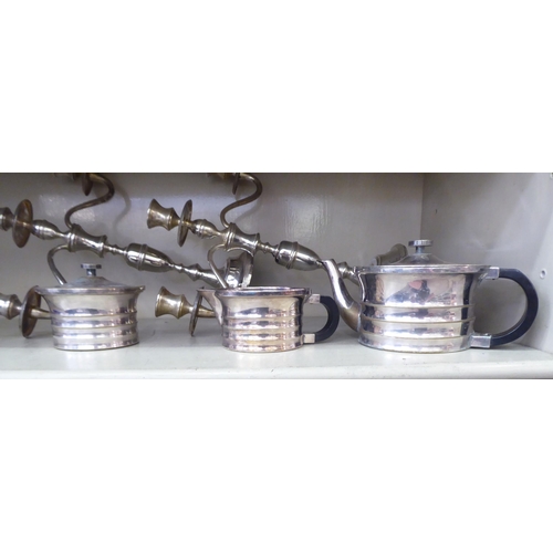 222 - Silver plated items: to include a pair of three branch candelabra  15.5