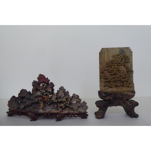 230 - Two pieces of Chinese soapstone ornament, viz. one depicting a mountainous village, on stand  1... 