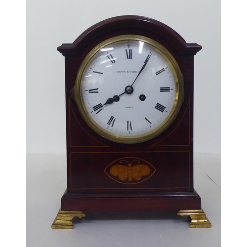 232 - An Edwardian Mappin & Webb satinwood inlaid, mahogany cased mantel clock; the 8 day movement fac... 