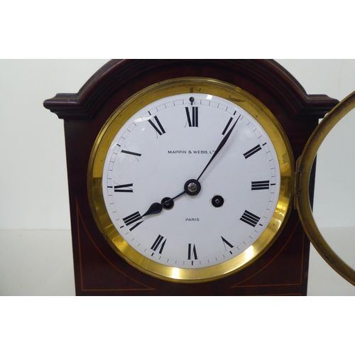 232 - An Edwardian Mappin & Webb satinwood inlaid, mahogany cased mantel clock; the 8 day movement fac... 