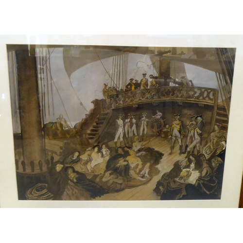 240 - Two watercolours, viz. one a Regency dining scene; the other a naval scene  22