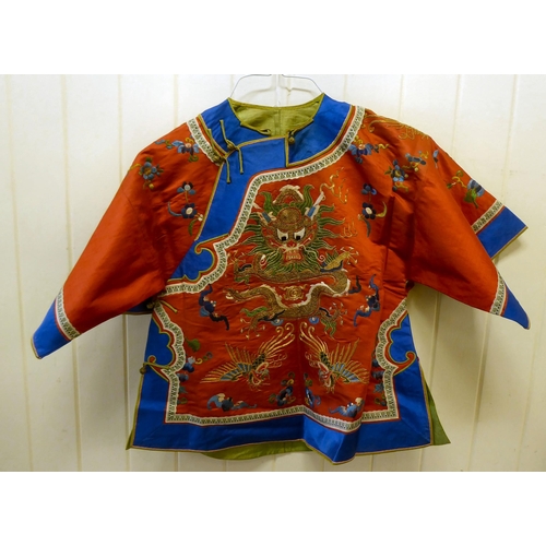 247 - A Chinese red fabric jacket, embroidered with dragons