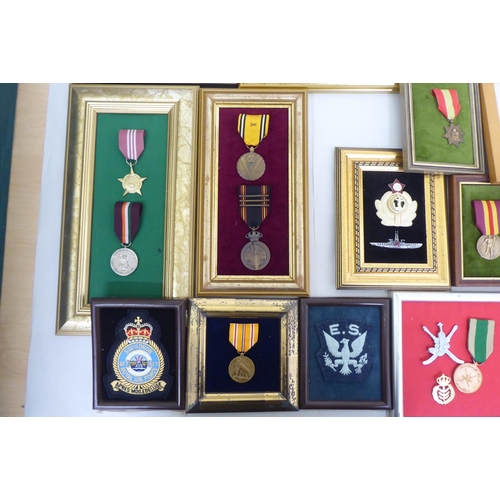 254 - Framed replica medals, awards and buttons: to include World War II examples  largest 14.5