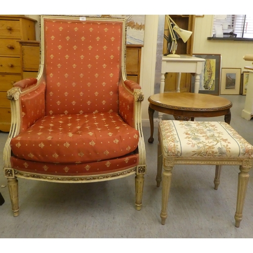 264 - A late 19thC Louis XVI design, cream painted salon chair with a red fabric upholstered back and seat... 