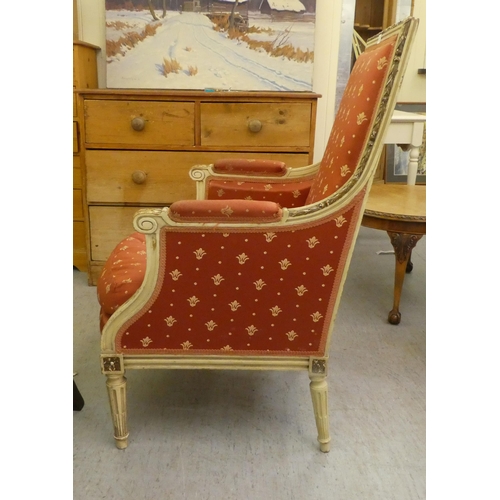 264 - A late 19thC Louis XVI design, cream painted salon chair with a red fabric upholstered back and seat... 