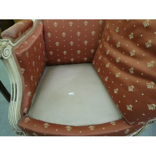 264 - A late 19thC Louis XVI design, cream painted salon chair with a red fabric upholstered back and seat... 