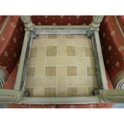 264 - A late 19thC Louis XVI design, cream painted salon chair with a red fabric upholstered back and seat... 