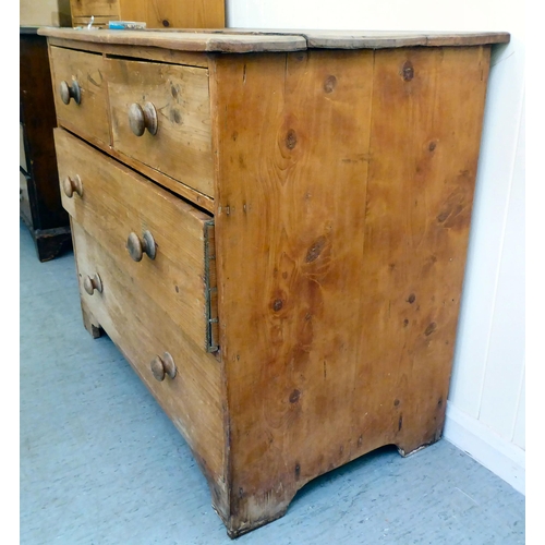 274 - An early 20thC pine chest of drawers, the planked top over two short/two long drawers, raised on bra... 