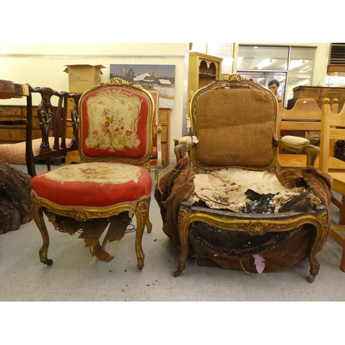 280 - A late 19thC Louis XV design, giltwood framed salon chair with a tapestry upholstered back and seat,... 