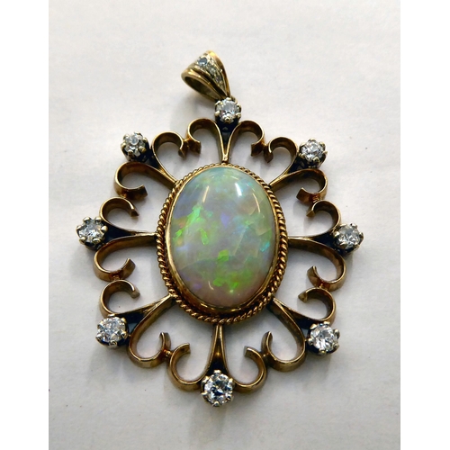 299 - A yellow metal pendant, set with a central cabochon opal, surrounded with round cut diamonds