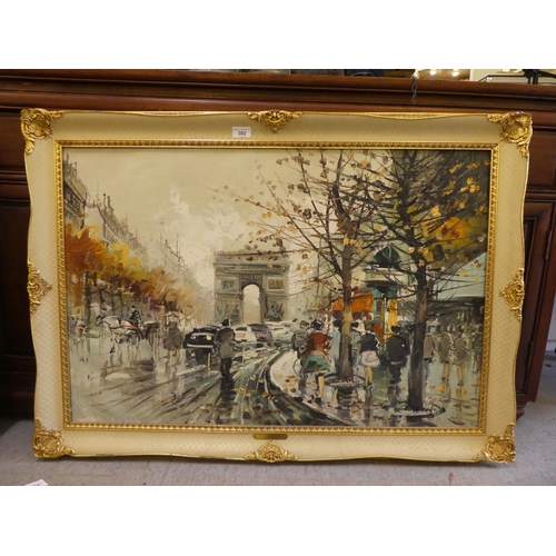 302 - A Parisian street scene  oil on canvas  bears an indistinct signature  24