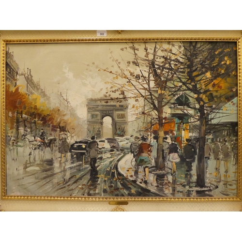 302 - A Parisian street scene  oil on canvas  bears an indistinct signature  24