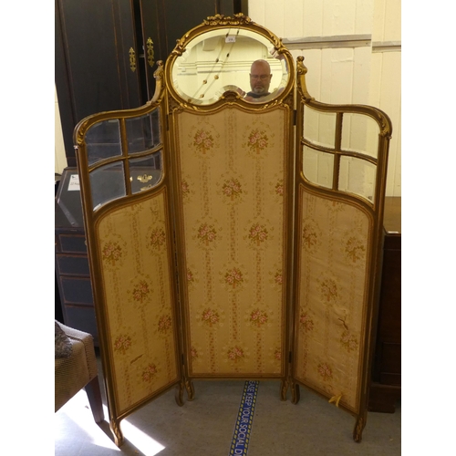 318 - A late 19thC Continental giltwood, three-fold roomscreen with fabric panels, raised on cabriole legs... 